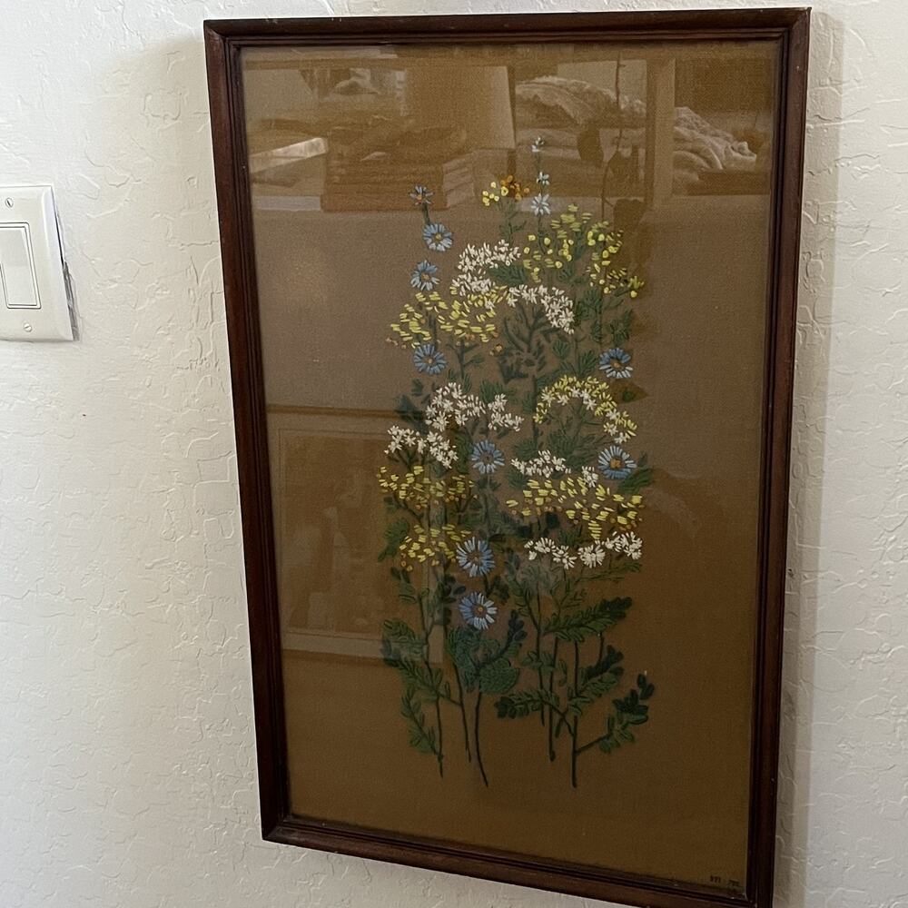 1970 Rustic Framed Embroidery Art Vibrant Arrangement of Daisies & Wildflowers